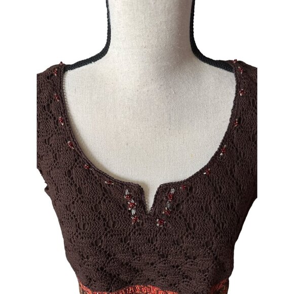 Boho Crochet Top NY Collection Babydoll Brown Retro Orange Yellow Pattern Large - Picture 5 of 6